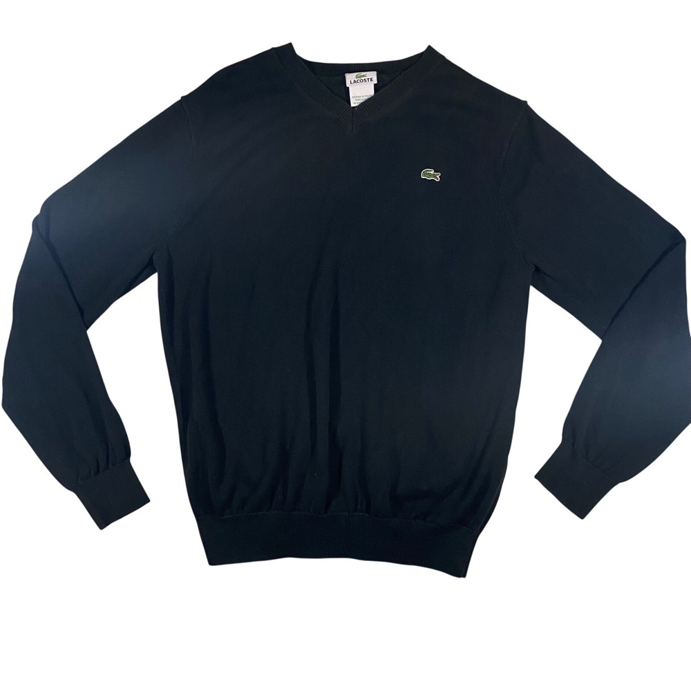 Lacoste V-Neck Sweater Mens 5 Black Cotton Knit Crocodile Logo F5178